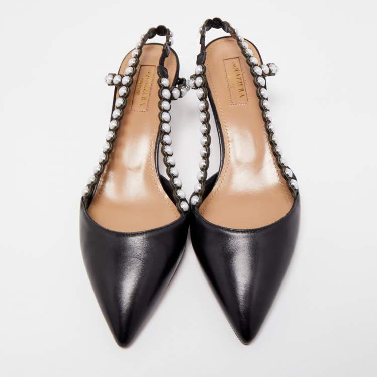 مملوكة مسبقًا Aquazzura Black Leather Pearl Embellished Slingback Pumps Size 37