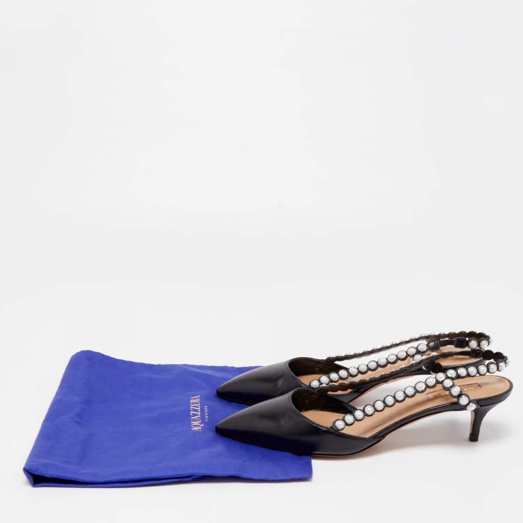 مملوكة مسبقًا Aquazzura Black Leather Pearl Embellished Slingback Pumps Size 37