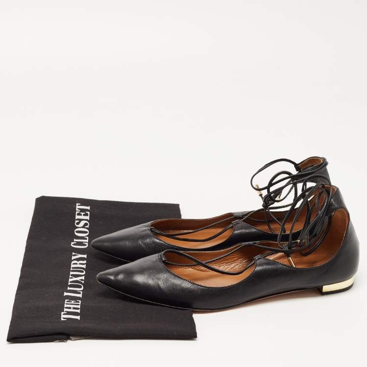 Pre Owned Aquazzura Black Leather Christy Lace Up Ballet  Flats Size 38