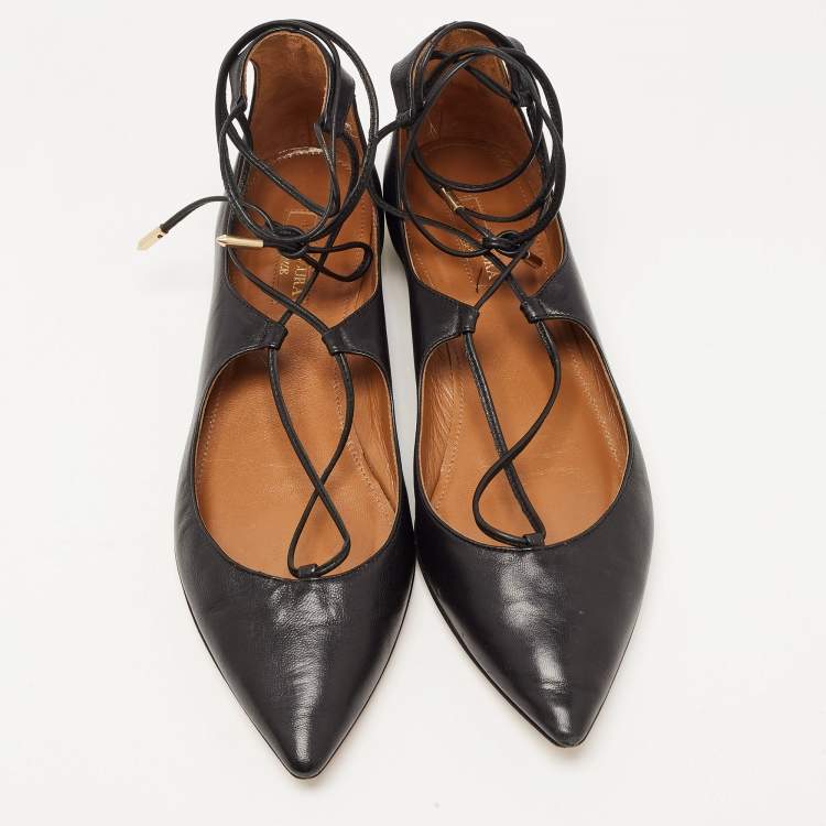 Pre Owned Aquazzura Black Leather Christy Lace Up Ballet  Flats Size 38