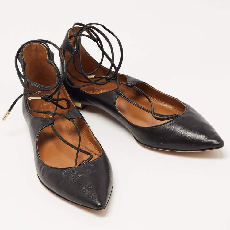 Pre Owned Aquazzura Black Leather Christy Lace Up Ballet  Flats Size 38