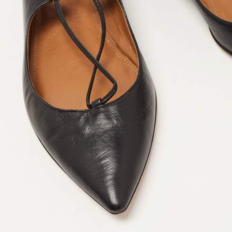 Pre Owned Aquazzura Black Leather Christy Lace Up Ballet  Flats Size 38