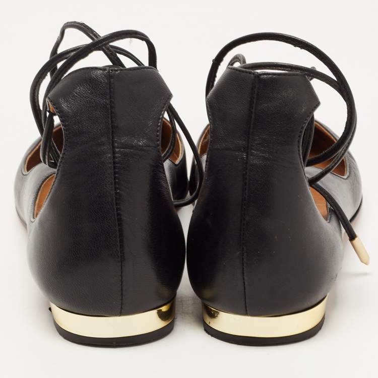 Pre Owned Aquazzura Black Leather Christy Lace Up Ballet  Flats Size 38