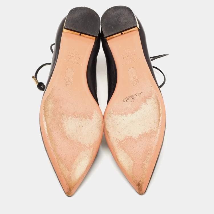 Pre Owned Aquazzura Black Leather Christy Lace Up Ballet  Flats Size 38