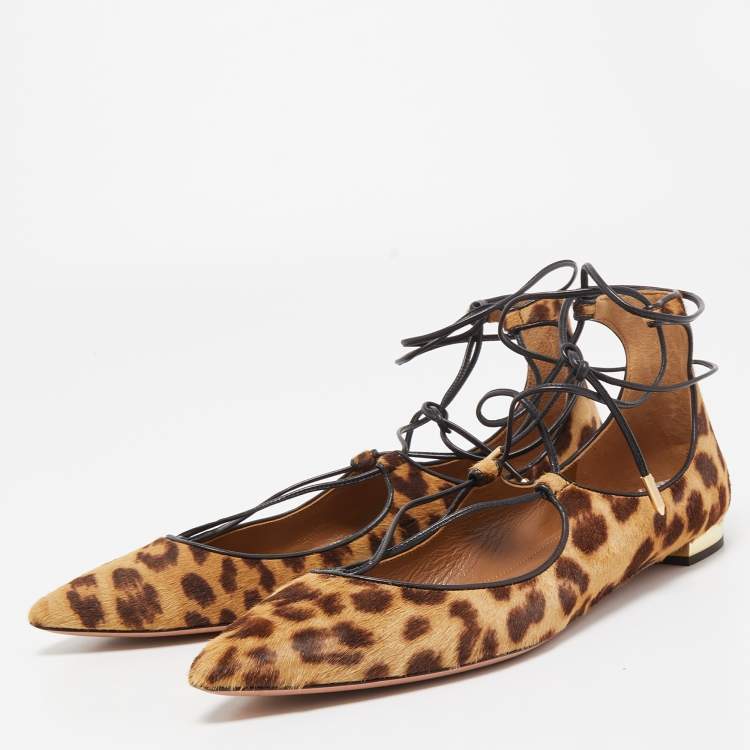 Pre Owned Aquazzura Two Tone Leopard Print Calf Hair Christy Ballet Flats Size 38