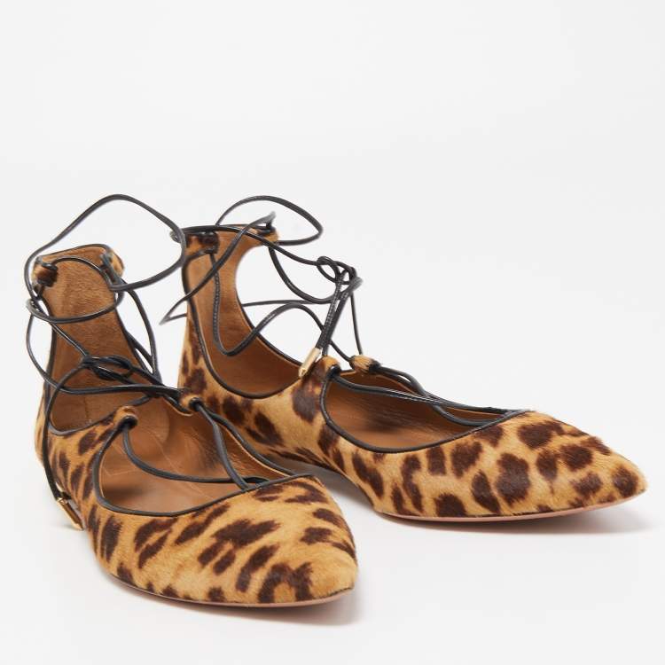 Pre Owned Aquazzura Two Tone Leopard Print Calf Hair Christy Ballet Flats Size 38