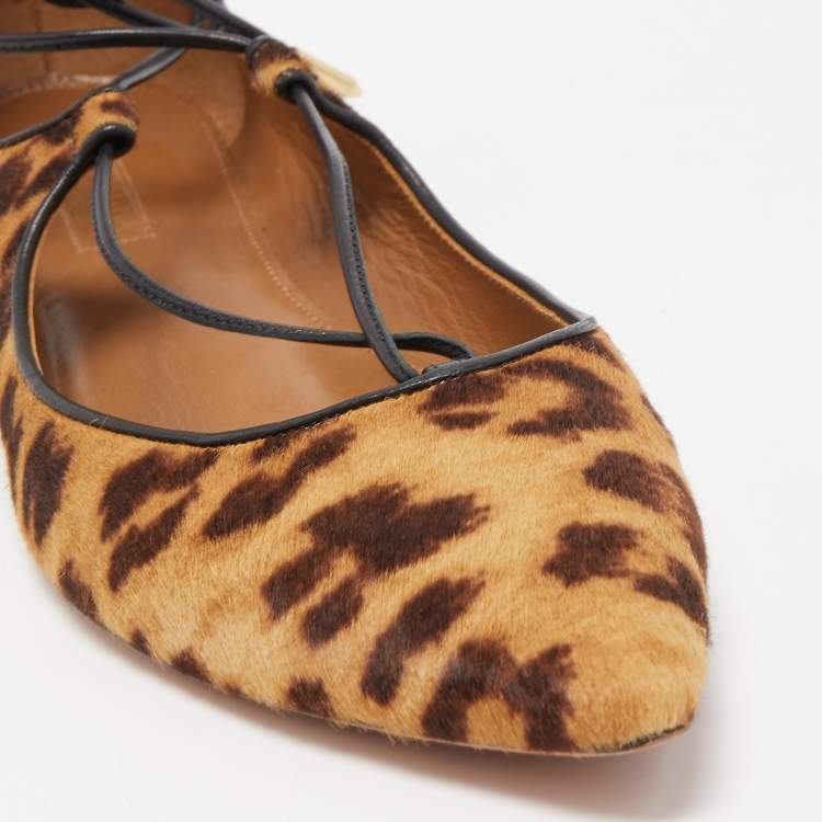 Pre Owned Aquazzura Two Tone Leopard Print Calf Hair Christy Ballet Flats Size 38