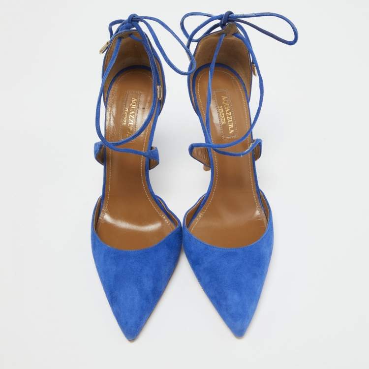 مملوكة مسبقًا Aquazzura Blue Suede Matilde Ankle Tie Pumps Size 37