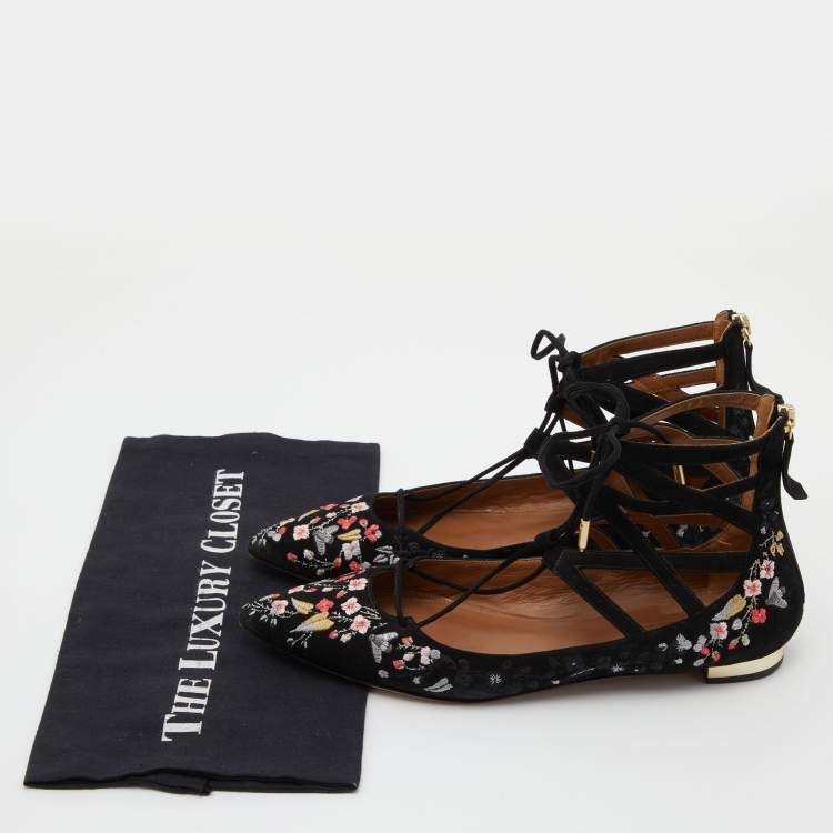 Pre Owned Aquazzura Black Suede Floral Embroidered Lace Up Ballet Flats Size 38.5