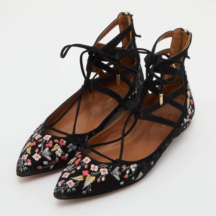 Pre Owned Aquazzura Black Suede Floral Embroidered Lace Up Ballet Flats Size 38.5