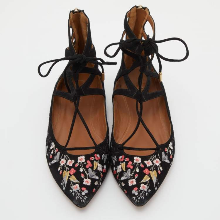 Pre Owned Aquazzura Black Suede Floral Embroidered Lace Up Ballet Flats Size 38.5