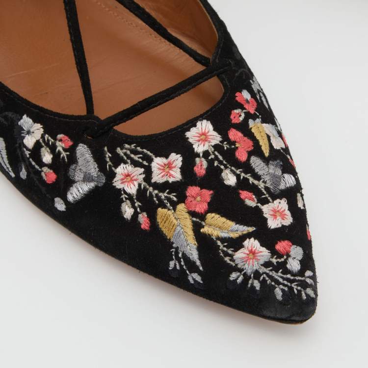 Pre Owned Aquazzura Black Suede Floral Embroidered Lace Up Ballet Flats Size 38.5