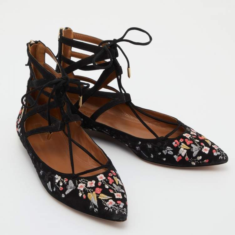 Pre Owned Aquazzura Black Suede Floral Embroidered Lace Up Ballet Flats Size 38.5