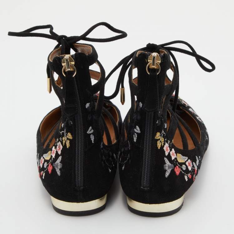 Pre Owned Aquazzura Black Suede Floral Embroidered Lace Up Ballet Flats Size 38.5