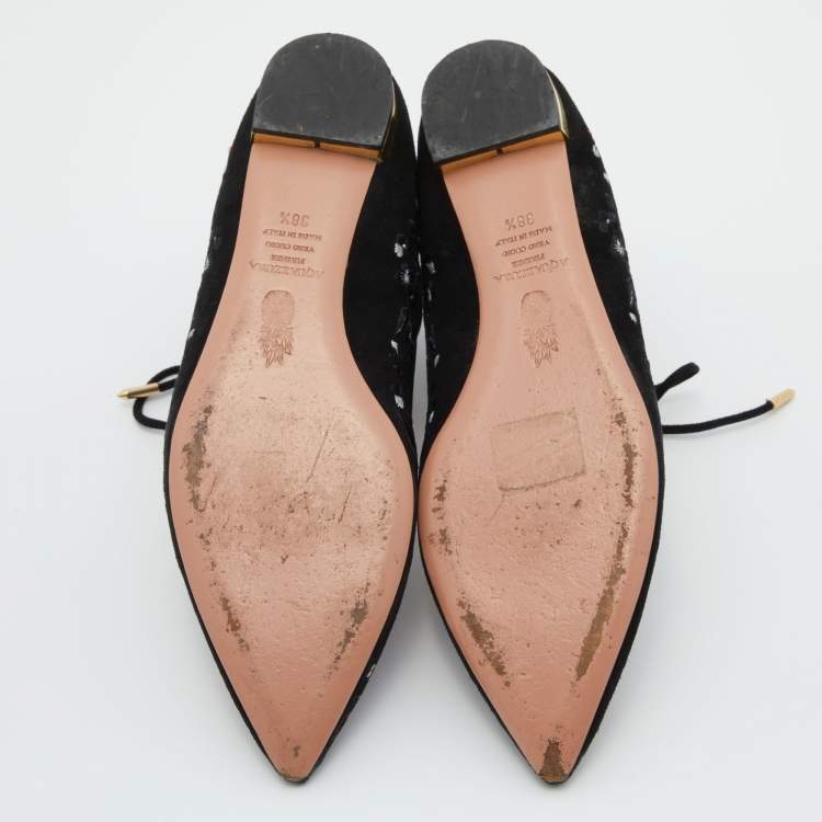Pre Owned Aquazzura Black Suede Floral Embroidered Lace Up Ballet Flats Size 38.5