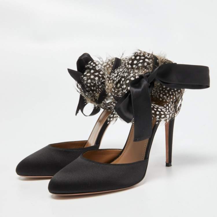Pre Owned Aquazzura Black/Brown Satin and Polka Dot Feather Madison Pumps Size 39