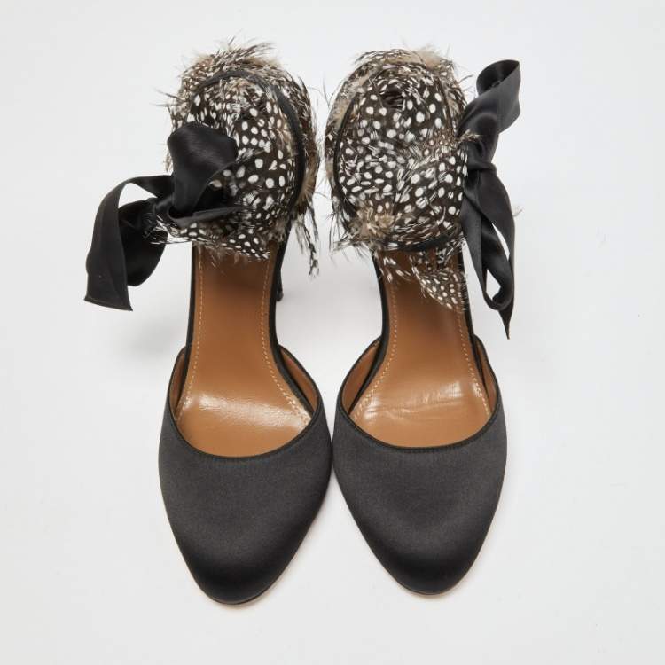 Pre Owned Aquazzura Black/Brown Satin and Polka Dot Feather Madison Pumps Size 39