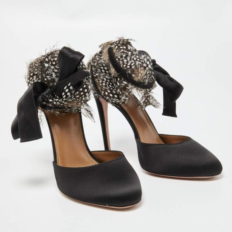 Pre Owned Aquazzura Black/Brown Satin and Polka Dot Feather Madison Pumps Size 39