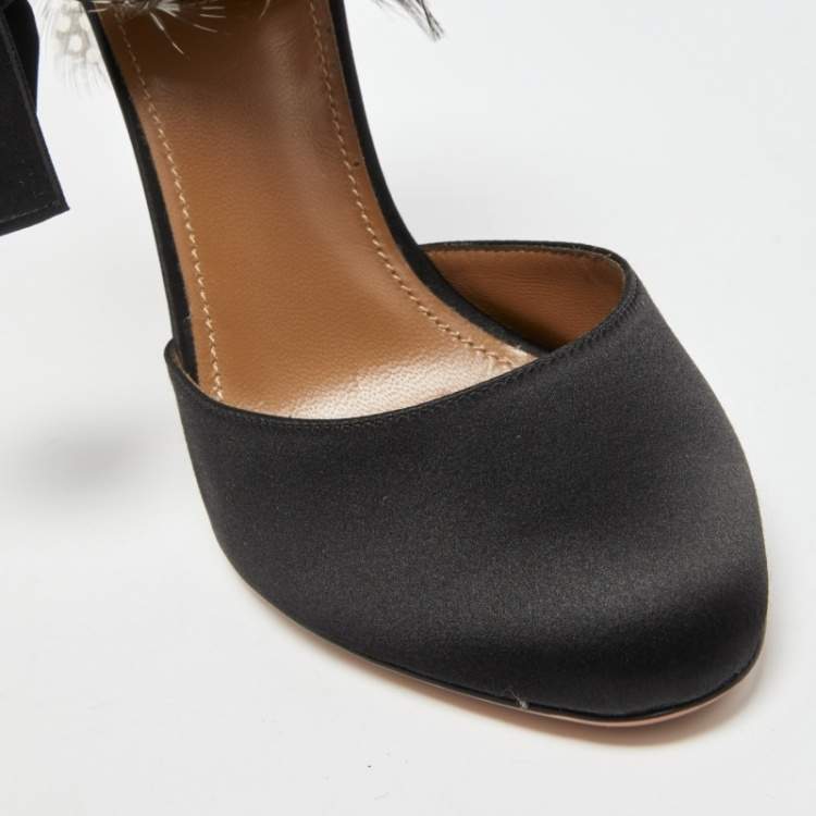 Pre Owned Aquazzura Black/Brown Satin and Polka Dot Feather Madison Pumps Size 39