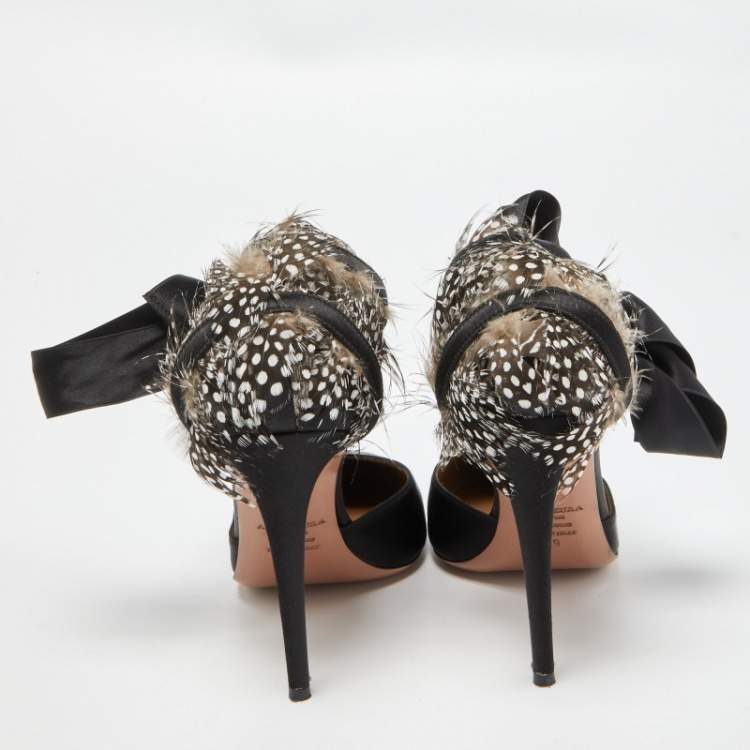 Pre Owned Aquazzura Black/Brown Satin and Polka Dot Feather Madison Pumps Size 39