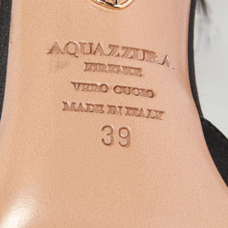 Pre Owned Aquazzura Black/Brown Satin and Polka Dot Feather Madison Pumps Size 39