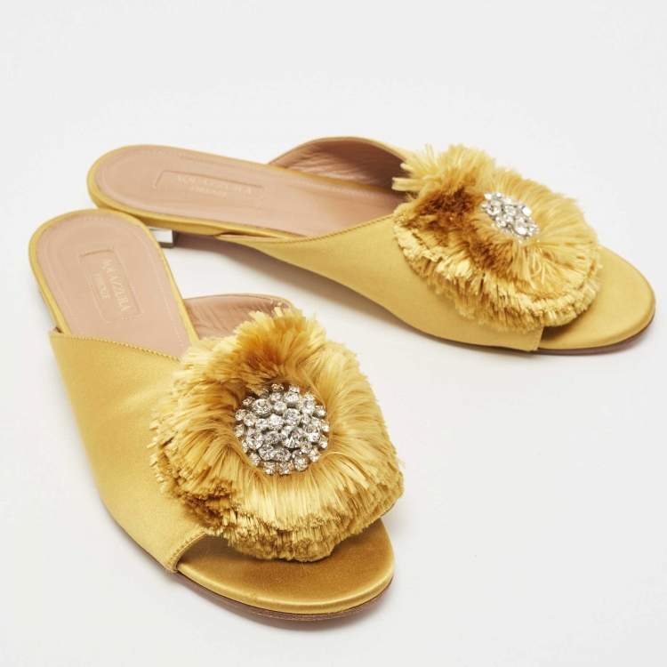 Pre Owned Aquazzura Yellow Satin Lotus Crystal Embellished Slide Sandals Size 39.5