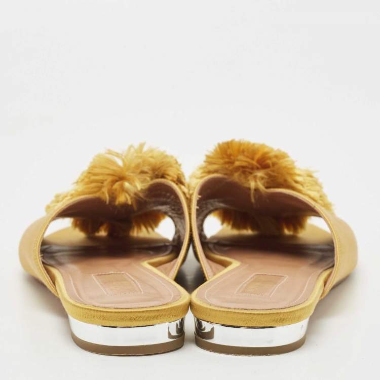 Pre Owned Aquazzura Yellow Satin Lotus Crystal Embellished Slide Sandals Size 39.5
