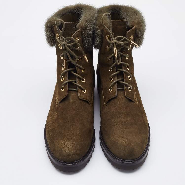 Pre Owned Aquazzura Olive Green Suede and Fur Ankle Boots Size 40