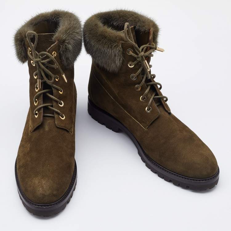 Pre Owned Aquazzura Olive Green Suede and Fur Ankle Boots Size 40