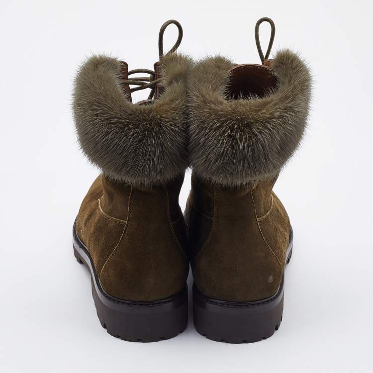 Pre Owned Aquazzura Olive Green Suede and Fur Ankle Boots Size 40