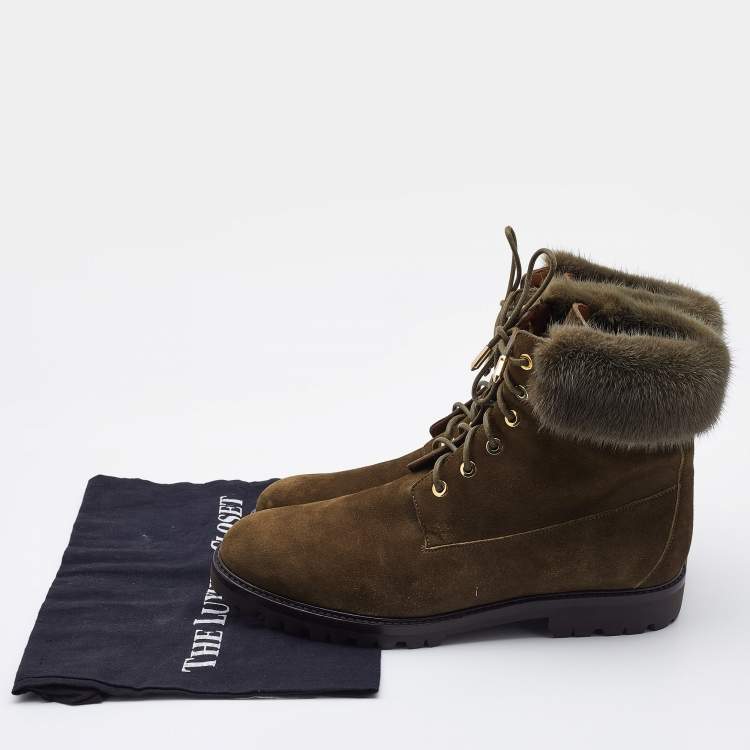 Pre Owned Aquazzura Olive Green Suede and Fur Ankle Boots Size 40
