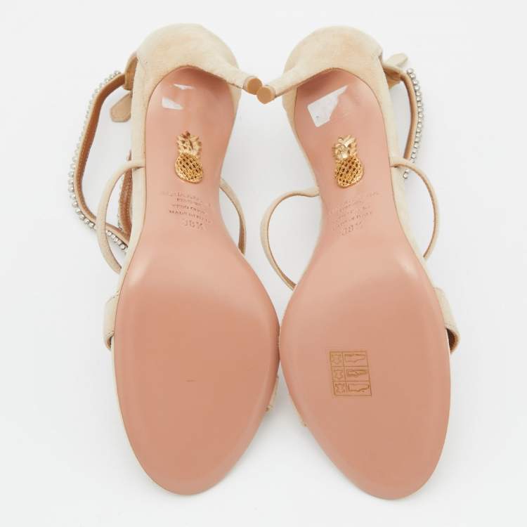 Pre Owned Aquazzura Beige Suede Crystal Embellished Strappy Sandals Size 38.5