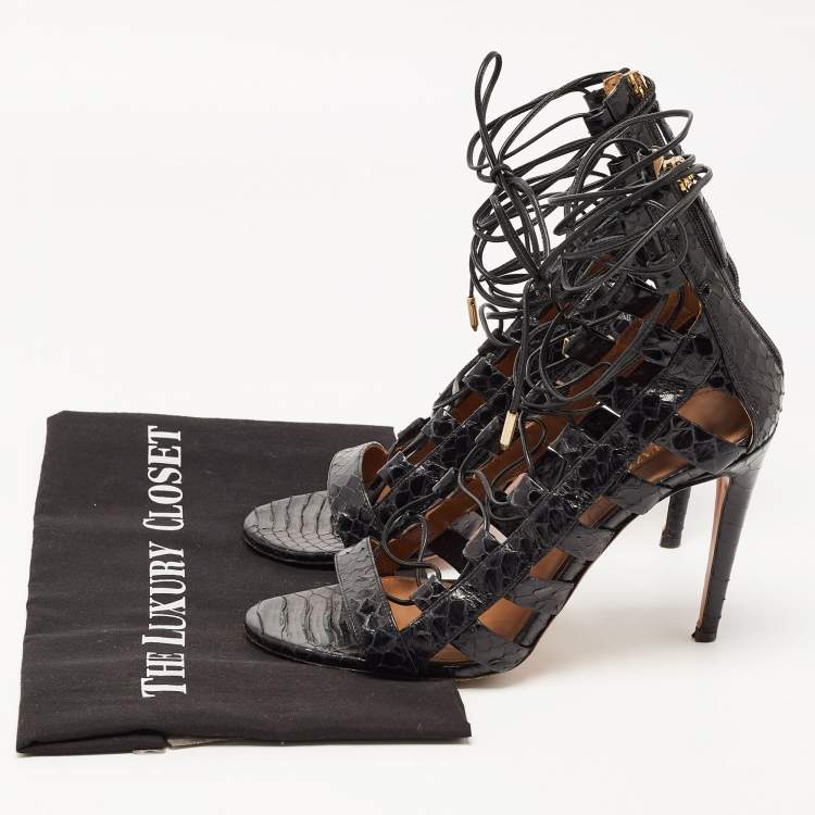 مملوكة مسبقًا Aquazzura Black Python Embossed Leather Amazon Lace Up Open Toe Sandals Size 39