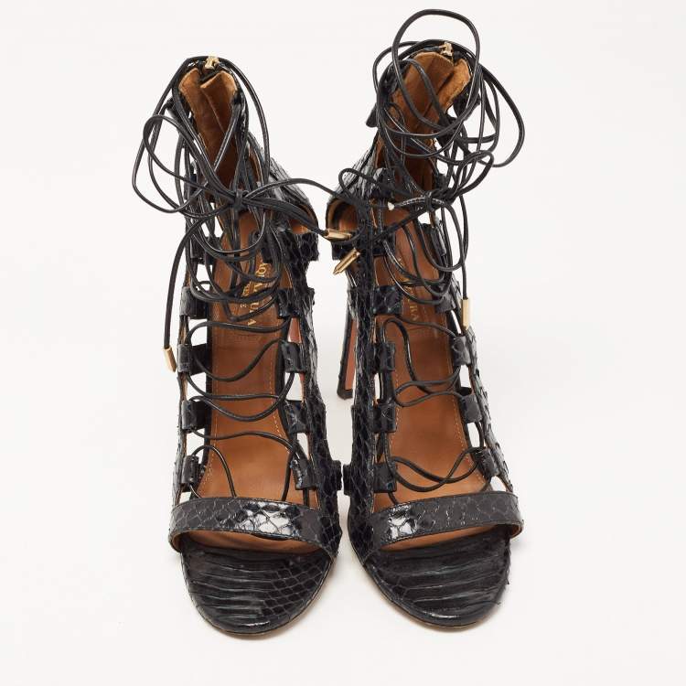 مملوكة مسبقًا Aquazzura Black Python Embossed Leather Amazon Lace Up Open Toe Sandals Size 39