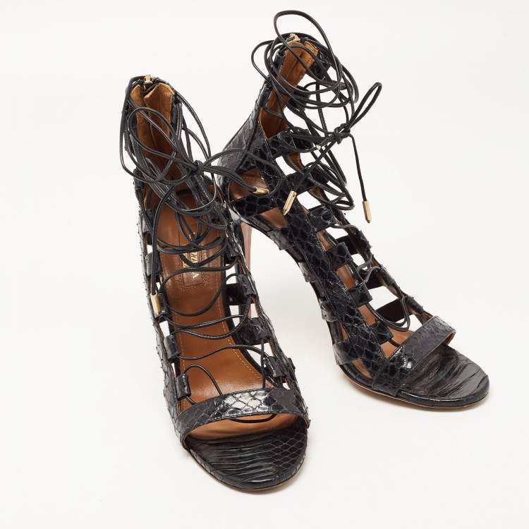 مملوكة مسبقًا Aquazzura Black Python Embossed Leather Amazon Lace Up Open Toe Sandals Size 39