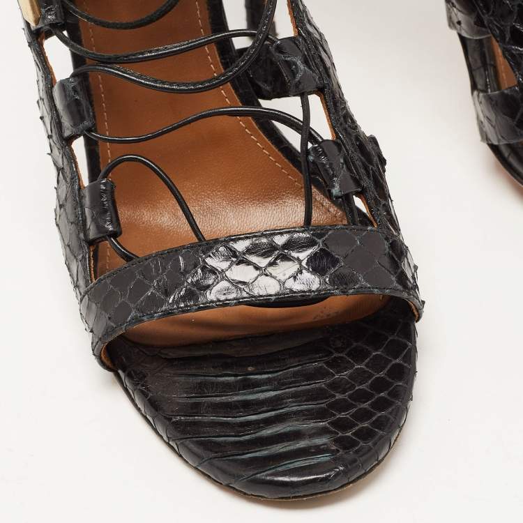 مملوكة مسبقًا Aquazzura Black Python Embossed Leather Amazon Lace Up Open Toe Sandals Size 39