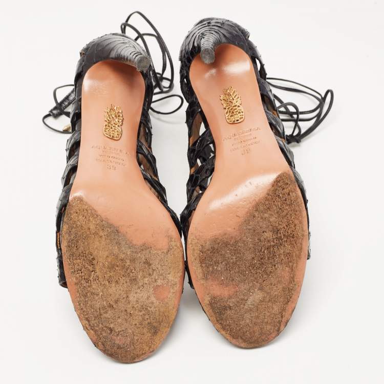 مملوكة مسبقًا Aquazzura Black Python Embossed Leather Amazon Lace Up Open Toe Sandals Size 39