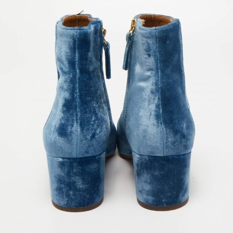 Pre Owned Aquazzura Blue Velvet Ankle Boots Size 37