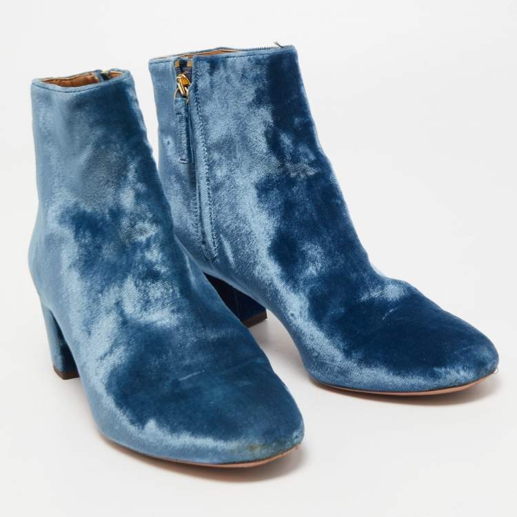Pre Owned Aquazzura Blue Velvet Ankle Boots Size 37