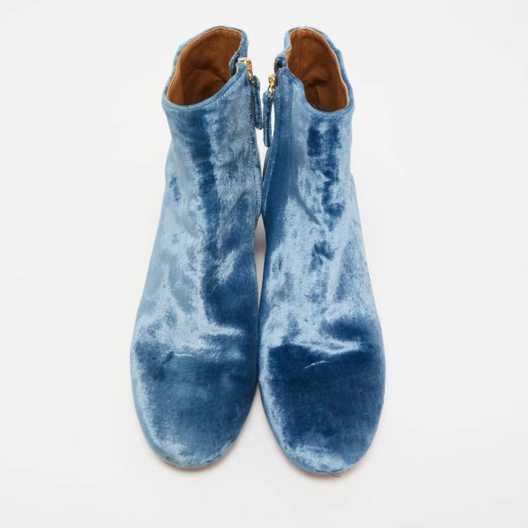 Pre Owned Aquazzura Blue Velvet Ankle Boots Size 37