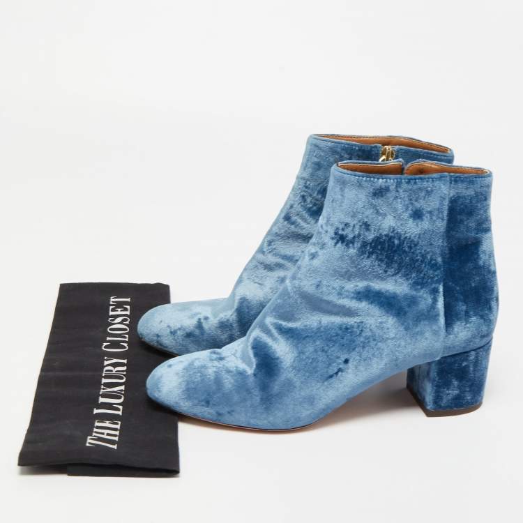 Pre Owned Aquazzura Blue Velvet Ankle Boots Size 37