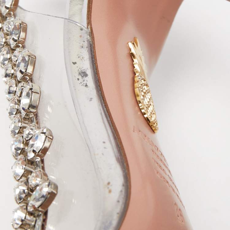 مملوكة مسبقًا Aquazzura Silver PVC and Foil Leather Temptation Crystal Embellished Slingback Sandals Size 36