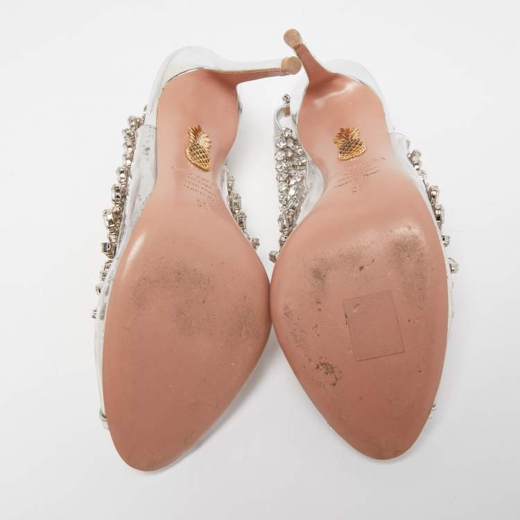 مملوكة مسبقًا Aquazzura Silver PVC and Foil Leather Temptation Crystal Embellished Slingback Sandals Size 36
