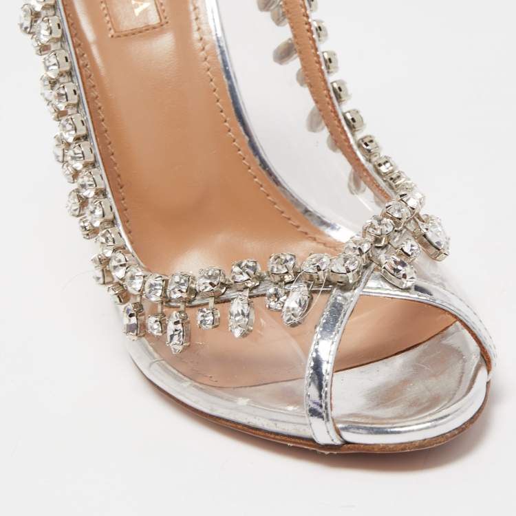 مملوكة مسبقًا Aquazzura Silver PVC and Foil Leather Temptation Crystal Embellished Slingback Sandals Size 36