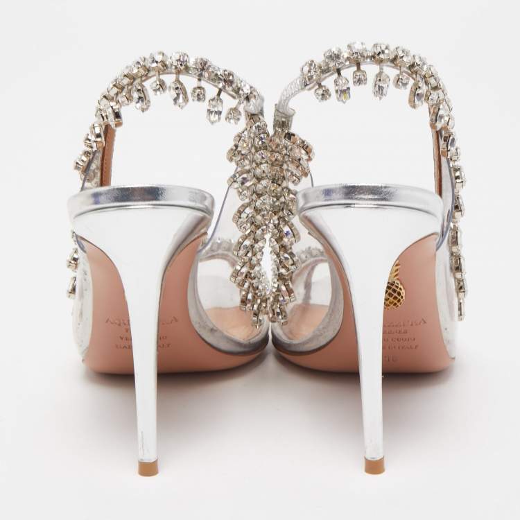 مملوكة مسبقًا Aquazzura Silver PVC and Foil Leather Temptation Crystal Embellished Slingback Sandals Size 36