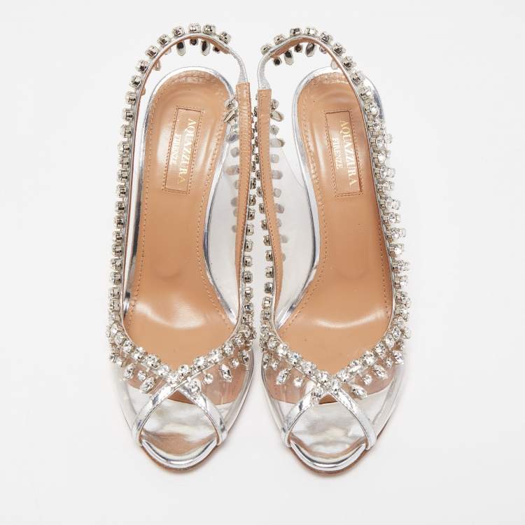 مملوكة مسبقًا Aquazzura Silver PVC and Foil Leather Temptation Crystal Embellished Slingback Sandals Size 36