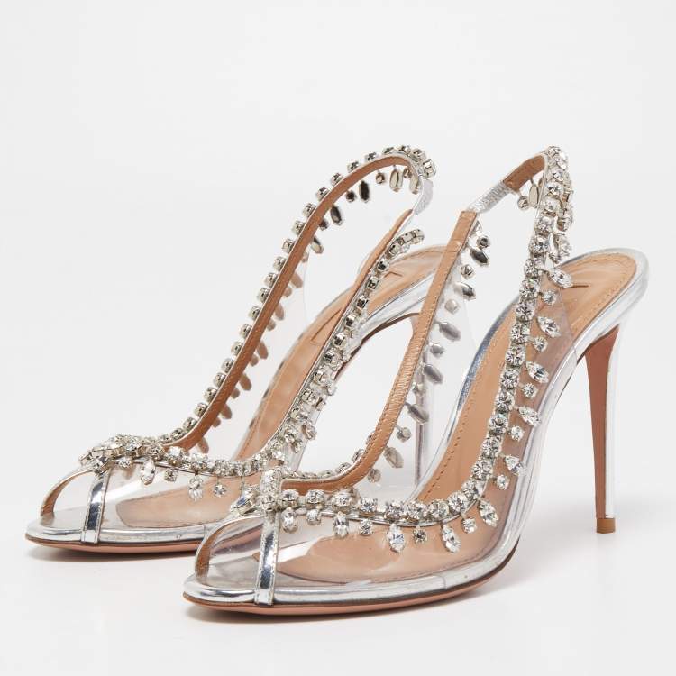 مملوكة مسبقًا Aquazzura Silver PVC and Foil Leather Temptation Crystal Embellished Slingback Sandals Size 36