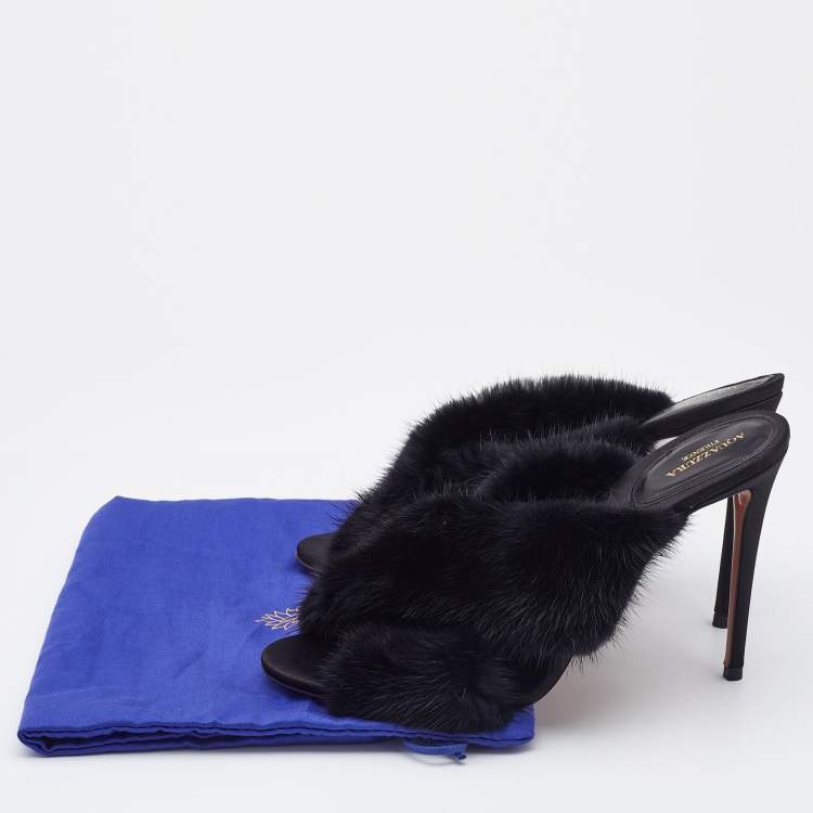 Pre Owned Aquazzura Black Mink Fur Cross Strap Slide Sandals Size 40