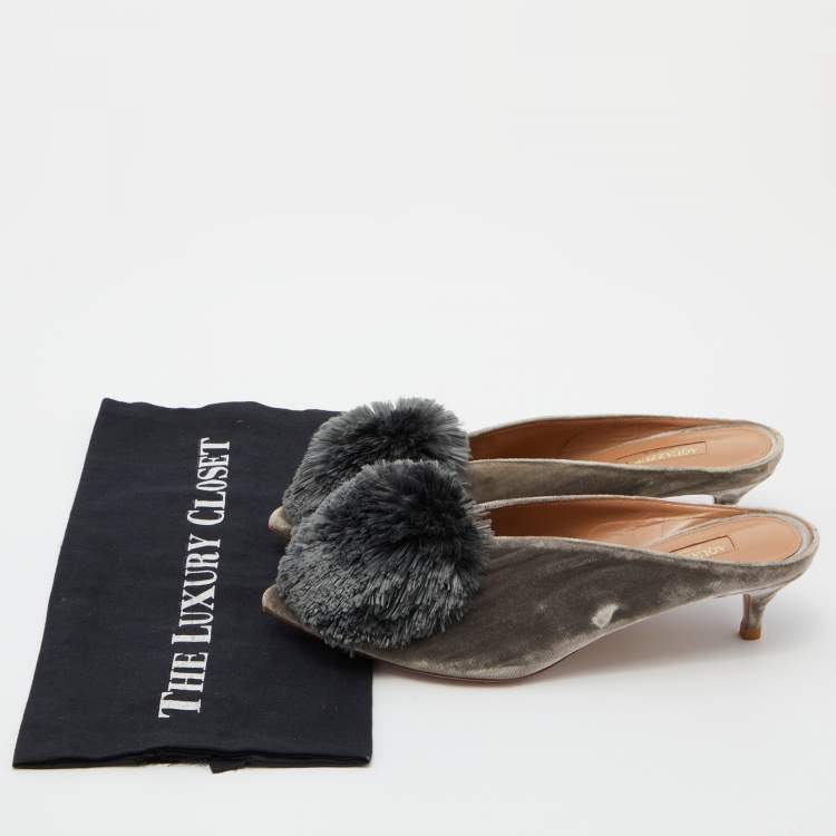 Pre Owned Aquazzura Grey Velvet Powder Puff Mules Size 36.5 