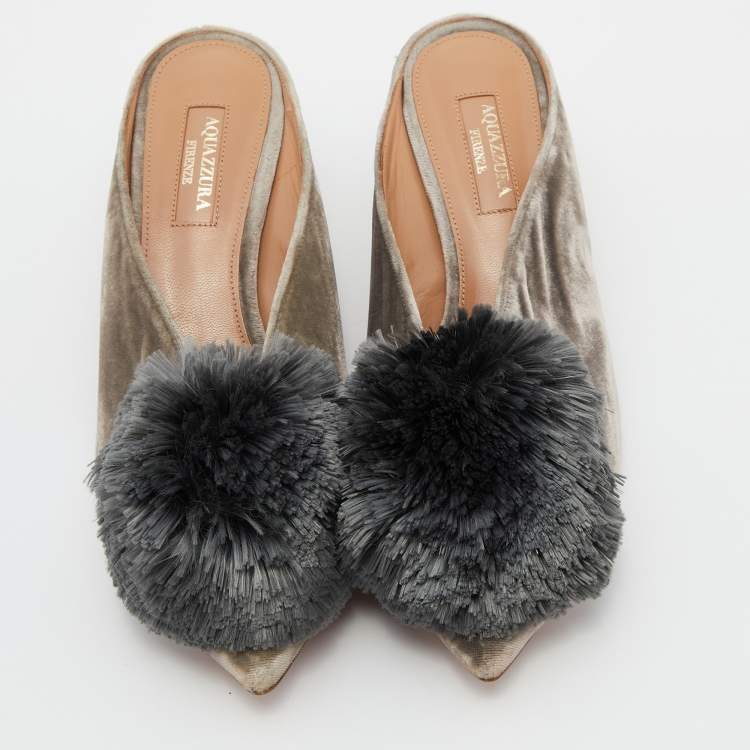 Pre Owned Aquazzura Grey Velvet Powder Puff Mules Size 36.5 